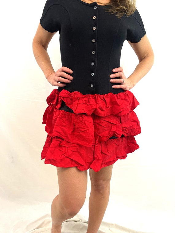 Wow 80s 1980s Black Red Ruffled Mini Party Dress - image 2