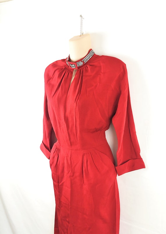 Amazing Vintage 1940s 40s Red Rayon Rhinestone Dre