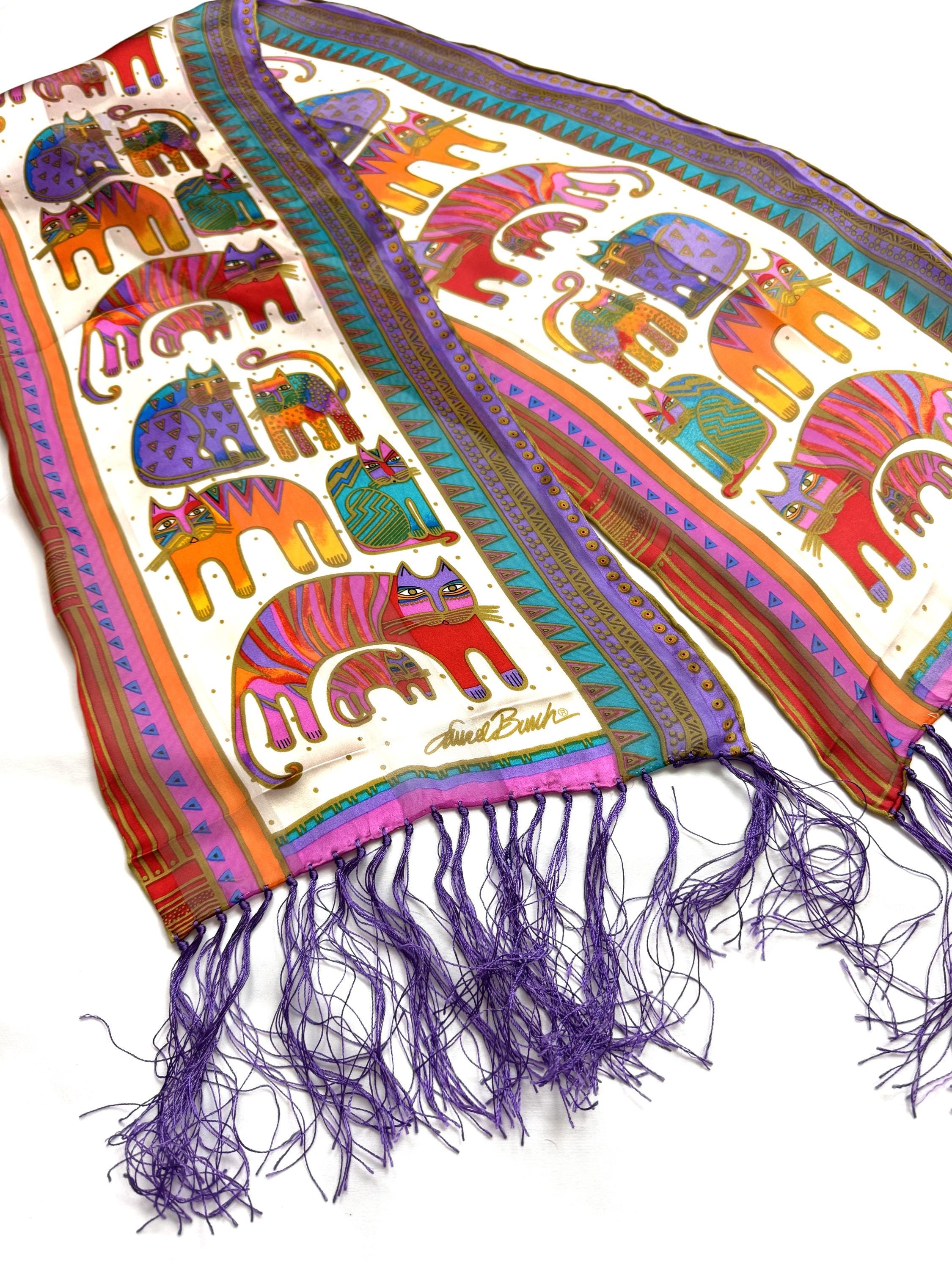 Foulard Laurel Burch 100% Soie - Motif Chats, Fleurs Et Esprits - Neuf Avec étiquette