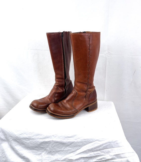 Vintage 1970s 70s Brown Western Campus Boots Tall 