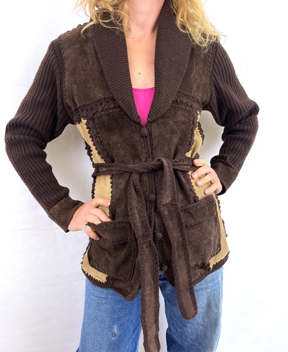 Vintage 70s 1970s Suede and Knit Brown Cardigan S… - image 2