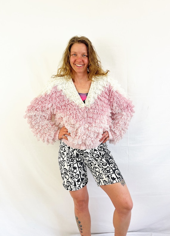 Vintage Le Sweater Fun Puffy Shag Crocheted Coat J