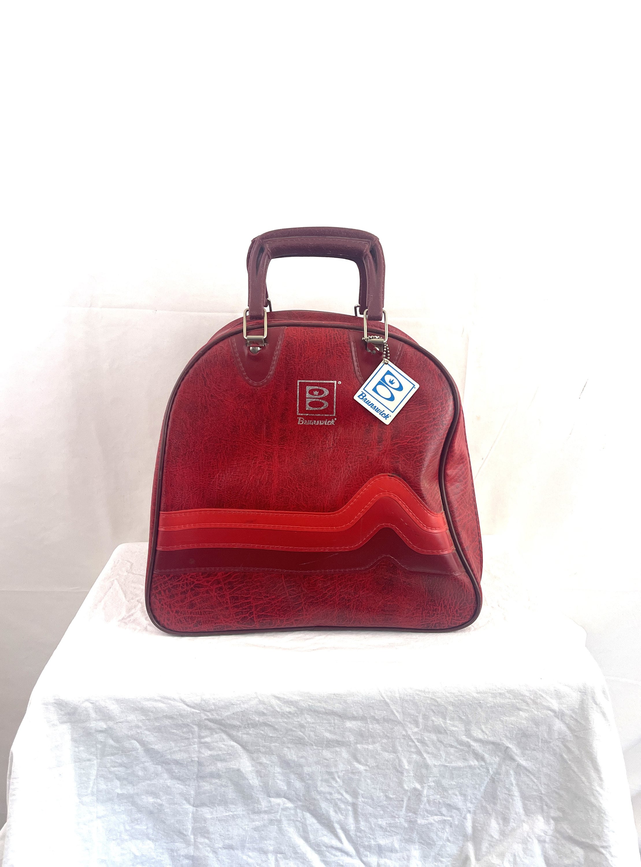 Vintage 1970s 70s Red Vinyl Striped Bowling Bag 