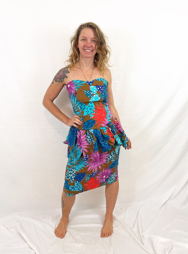 Super 80s 1980s Vintage Floral Fun Strapless Ruffled Ruched Party Dress Robbie Bee Size 14 image 2