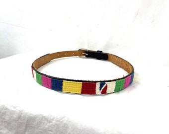 Vintage 1970s 70s Leather Rainbow Woven Fabric Belt - Size 30