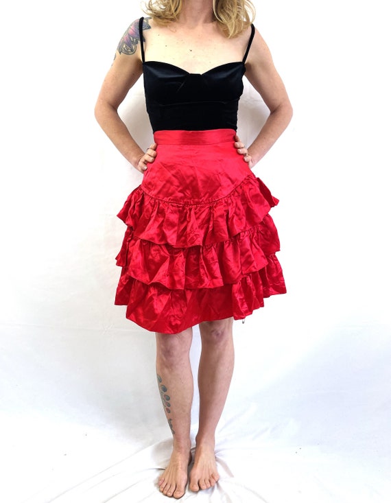 Best 80s 1980s Red Ruffle Tiered Satin Mini Skirt