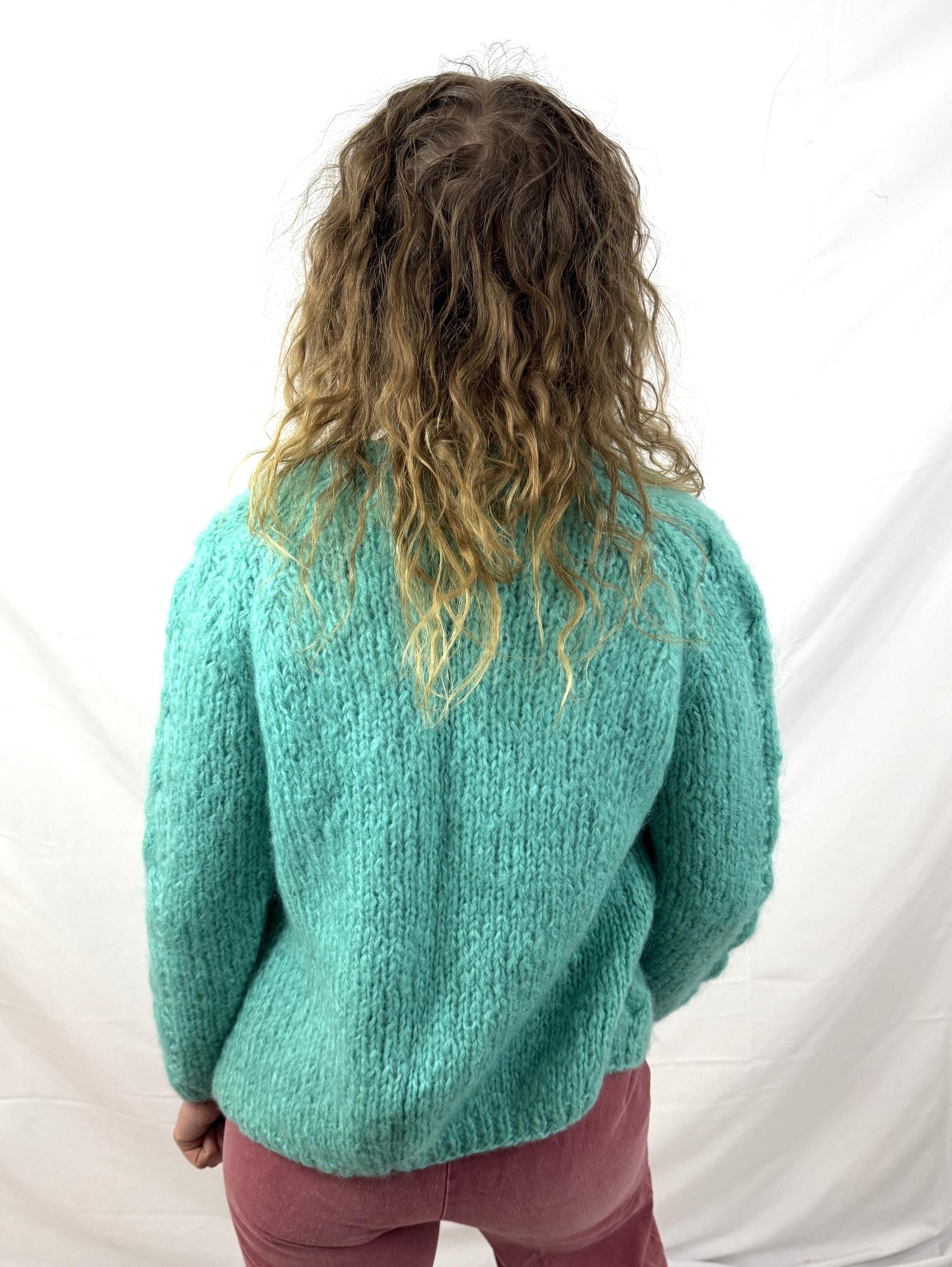 Vintage 1960s 60s Teal Knit Mohair Wool Cardigan Sweater - Made in