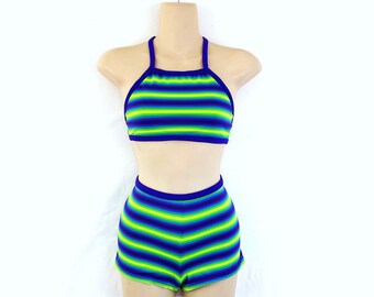 Vintage 90s 1990s Two Piece Striped Halter Swimsuit - Xhilaration