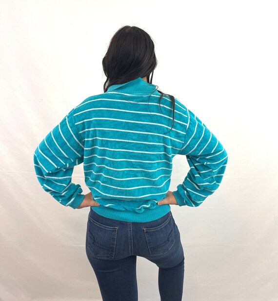 Vintage 80s 1980s Blue White Striped Velour Top S… - image 4