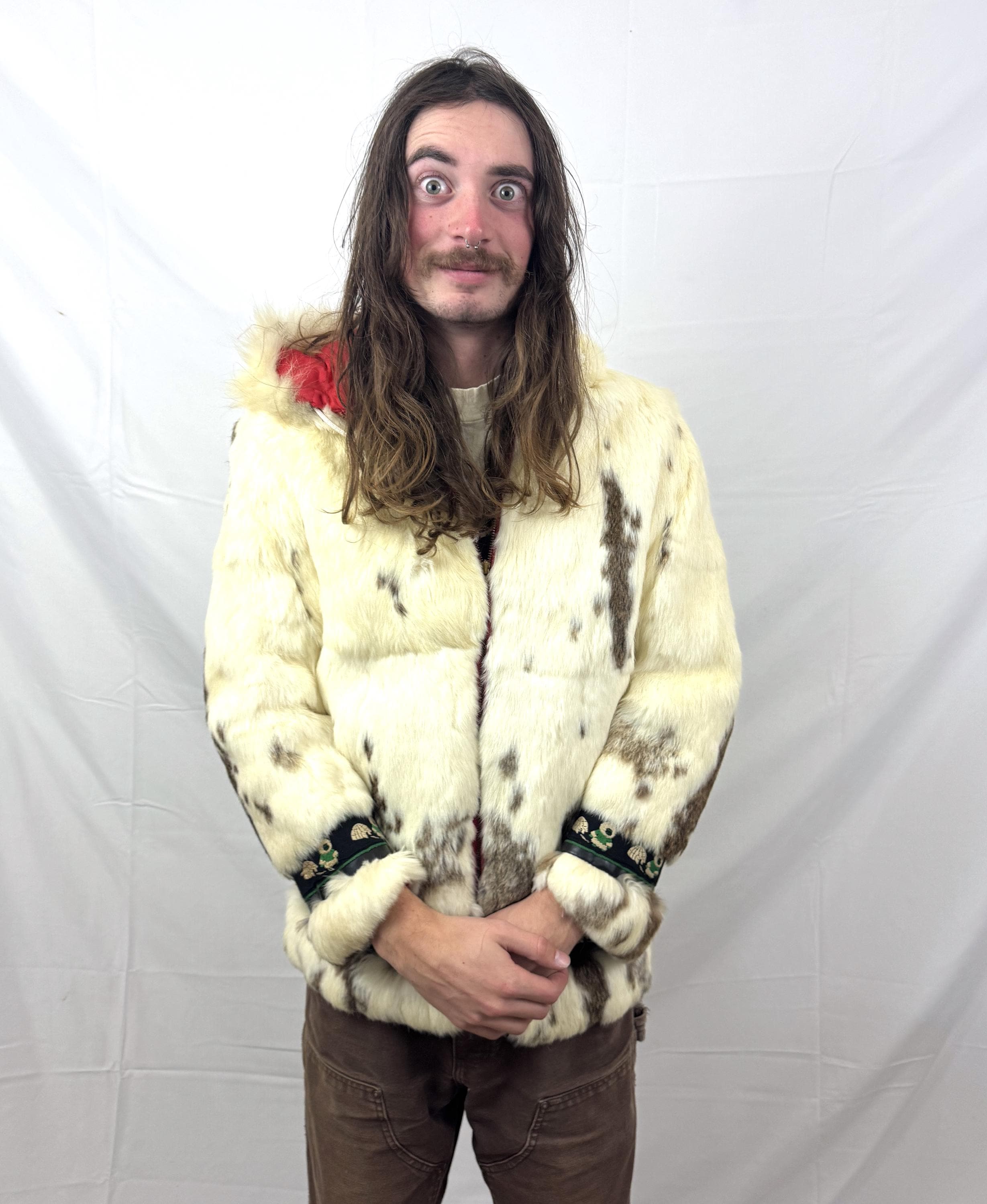 Vintage 1950s 50s Real Rabbit Fur Hooded Winter Quilted Coat