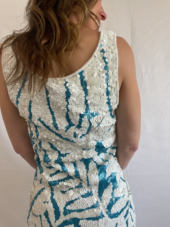 Vintage 80s 1990s 90s Fun White Blue Sequin Beade… - image 5