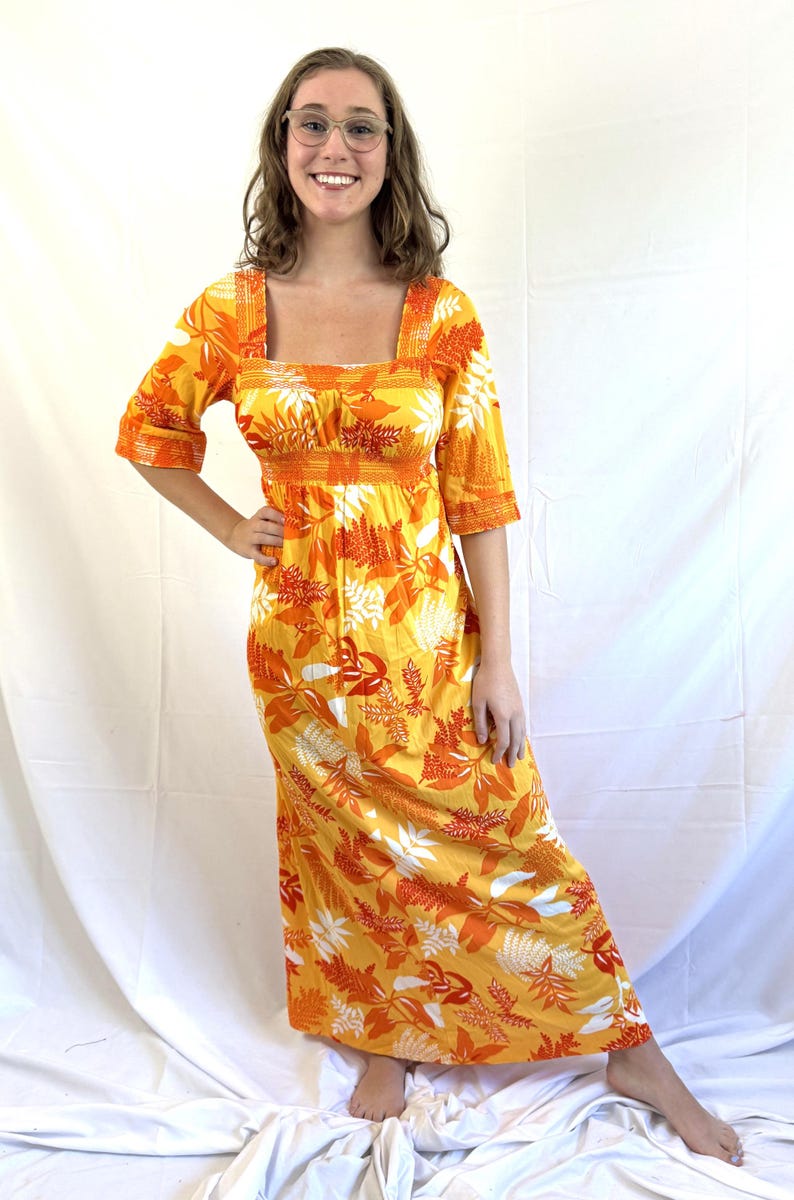 Vintage 1970 70s Fun Hawaiian Floral Tiki Luau Maxi Dress - Young ...