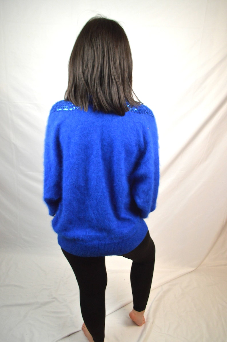 Vintage 80s Angora Beaded Sequin Blue Oversized Sweater Top