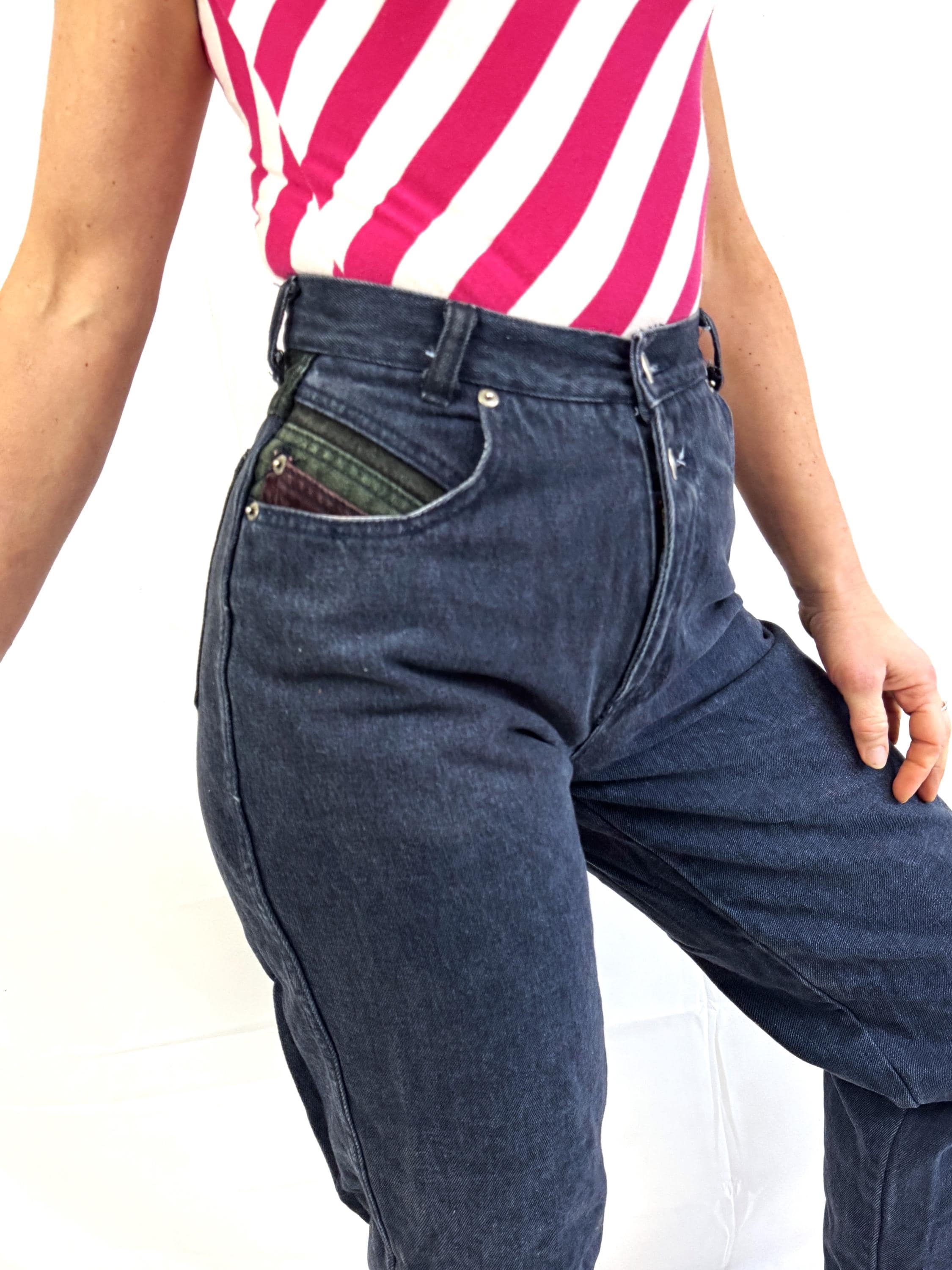 Vintage 1990s 90s Color Block Black Jeans - Stefano International - Etsy