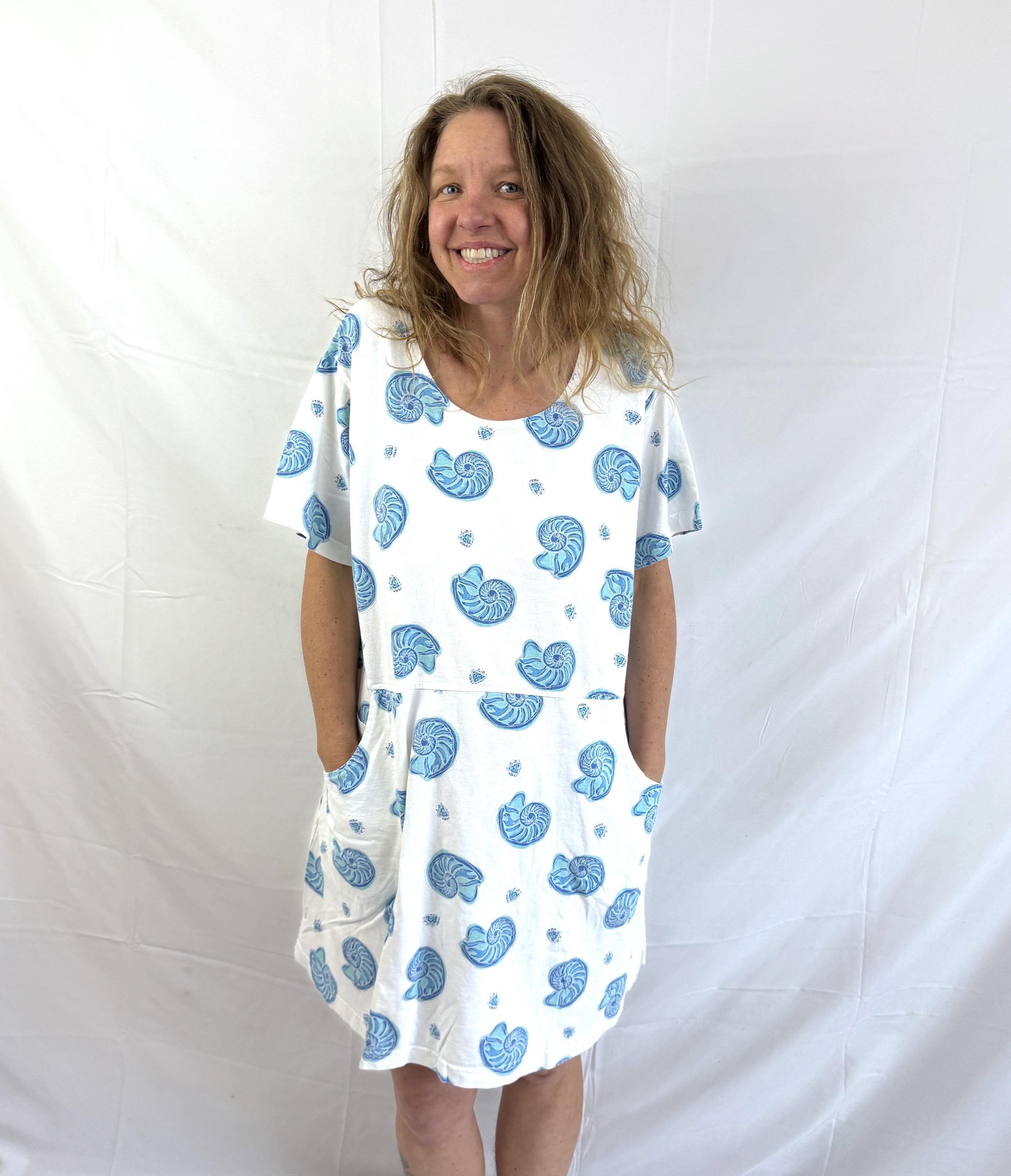 Vintage 90s 1990s Shell Seashell Print Cotton Summer Dress