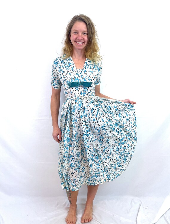 Vintage 1950s 50s Floral Blue White Party Formal … - image 4