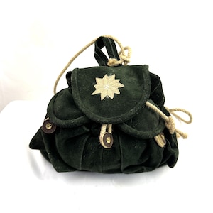 Cute Vintage Green Suede Mini German Tyrol Rucksack Backpack - Edelweiss Emblem
