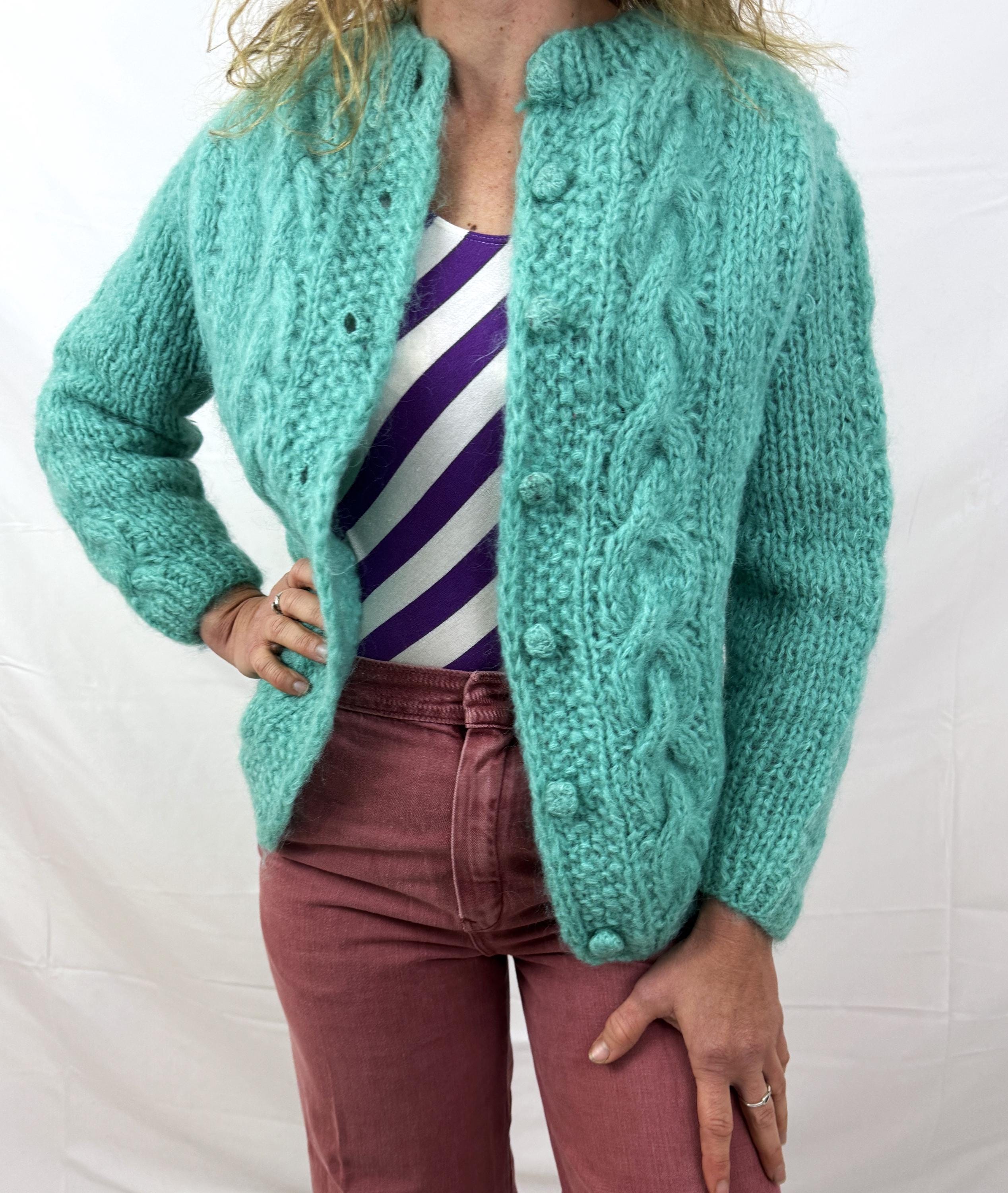 Vintage 1960s 60s Teal Knit Mohair Wool Cardigan Sweater - Made in