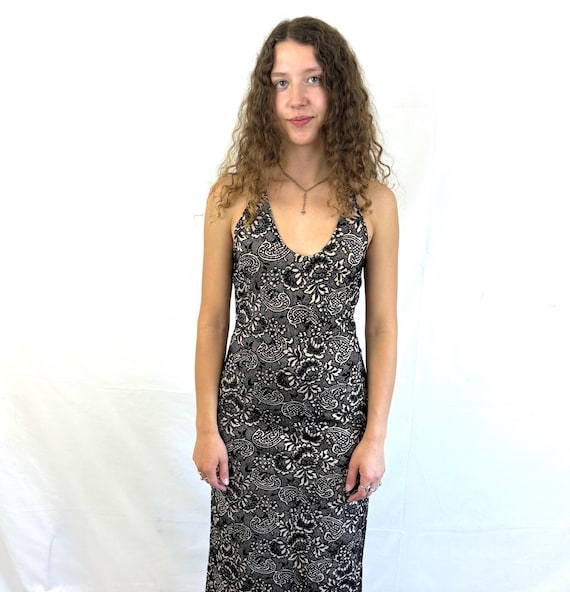 Vintage 90s Goth Velvety Lace Print Bodycon Maxi Dress - Tripp NYC