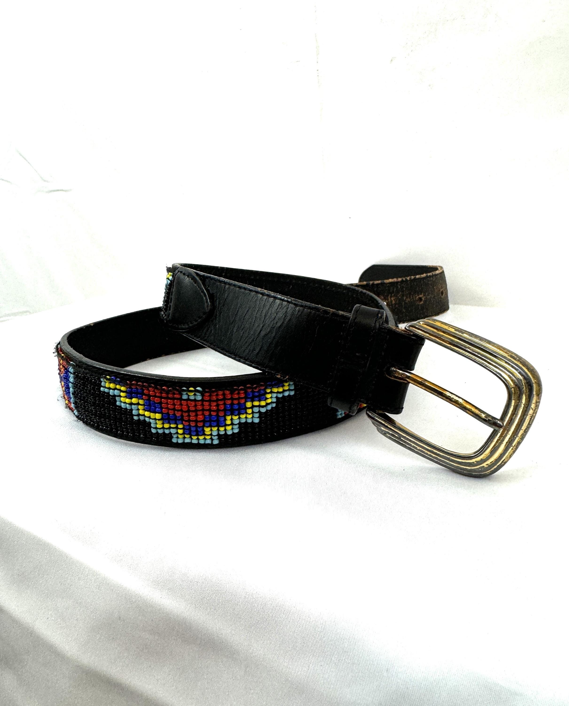 Vintage Leather Seed Bead Beaded Geometric Southwest Belt  display picture 1