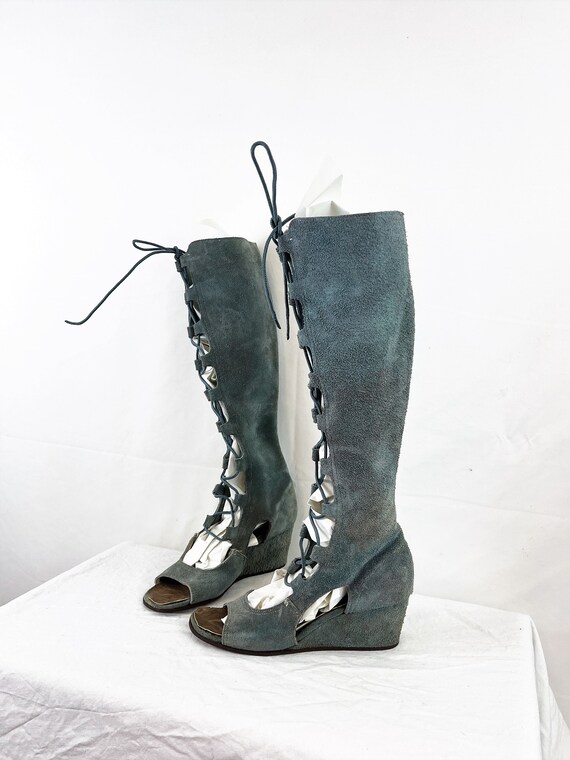 Amazing 1960s 70s Go Go Vintage Suede Lace up Tall Wedge Shoes