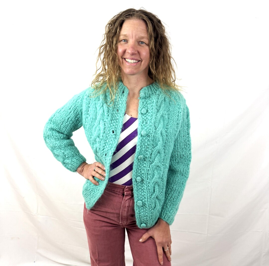 Vintage 1960s 60s Teal Knit Mohair Wool Cardigan Sweater - Made in
