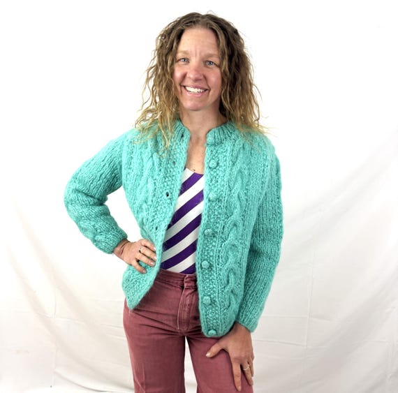 Vintage 1960s 60s Teal Knit Mohair Wool Cardigan Sweater - Made in
