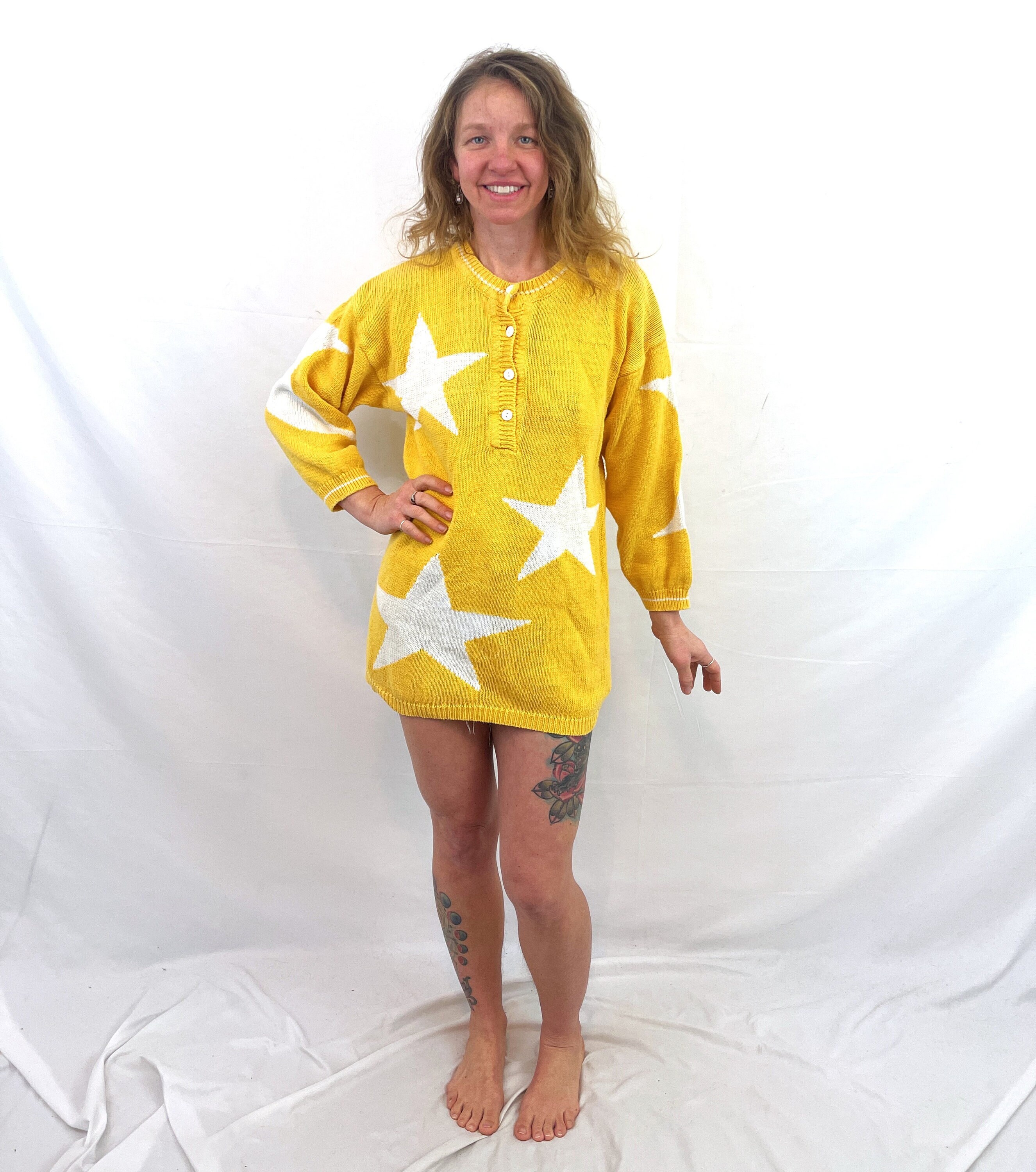 Vintage 80s WOW 1980s 80s Yellow Heart Moon Stars Oversized Knit