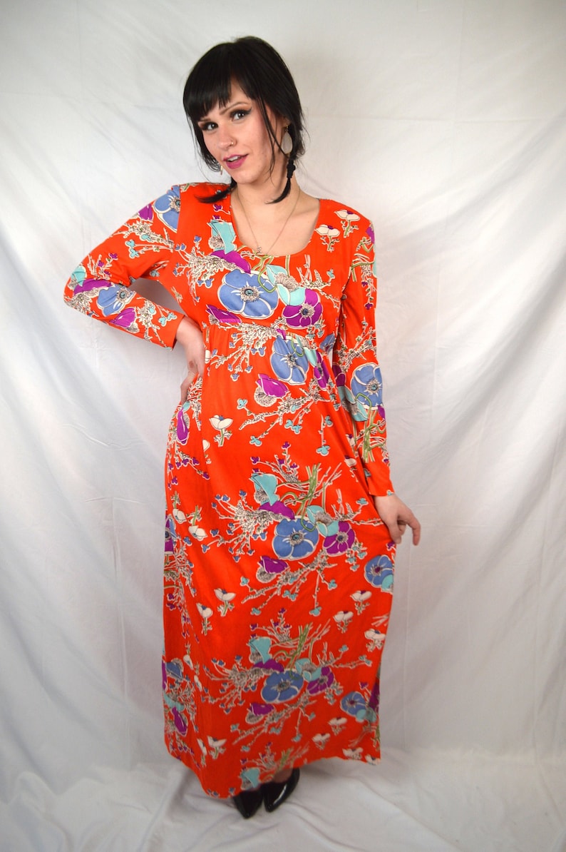 Vintage 1970s Hippie Psychedelic Summer Slinky Floral Maxi Dress