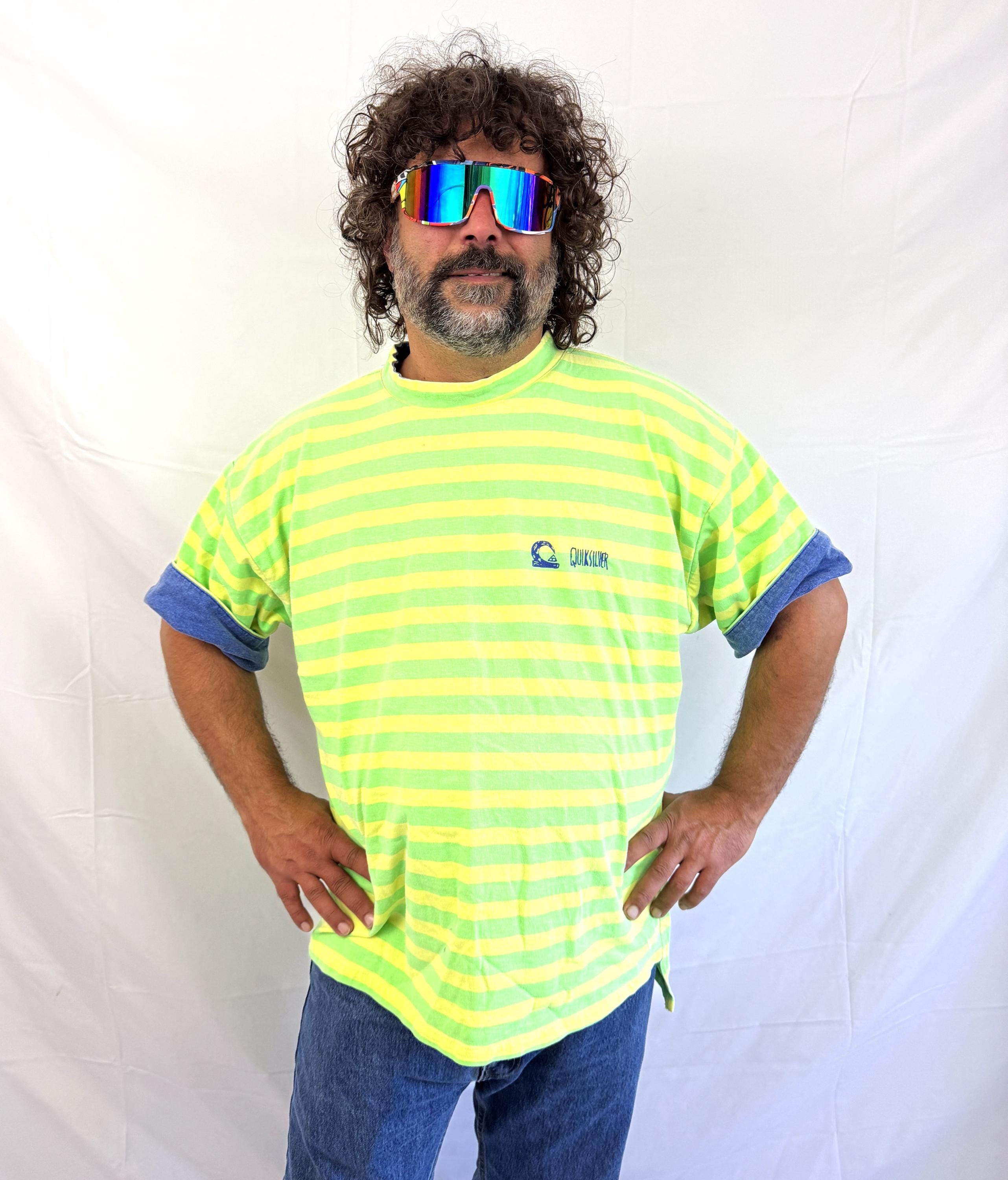 Rad Quicksilver Vintage 80s Oversize Neon Striped Green Yellow Tee