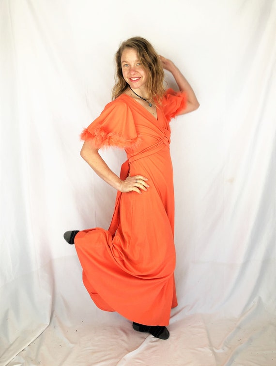 Vintage 1970s 70s WOW Feathered Hostess Gown Dress