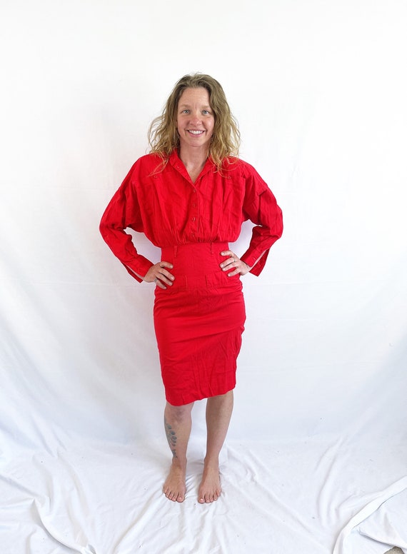 Vintage 80s Fitted Red WOW Power 1980s Dress - Daw