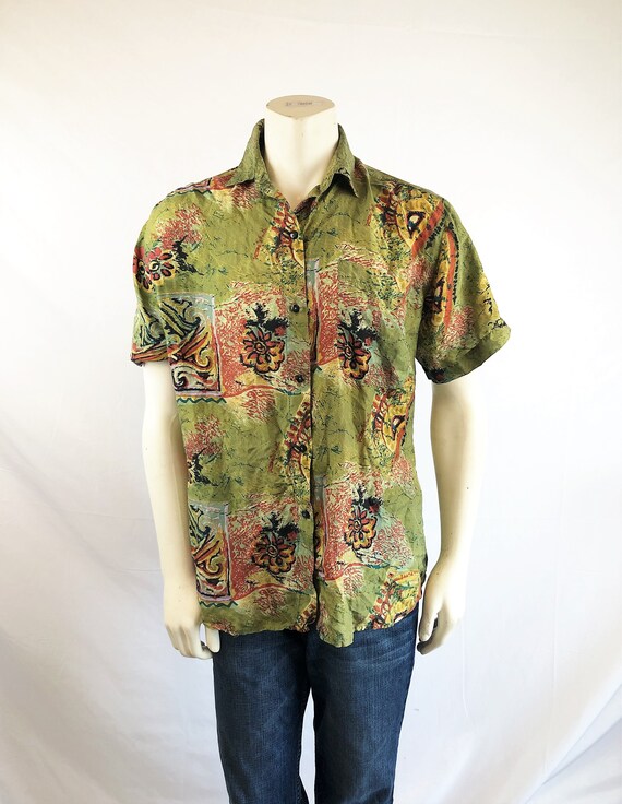 Fun Vintage 90s Silk Geometric Button Up Shirt - R