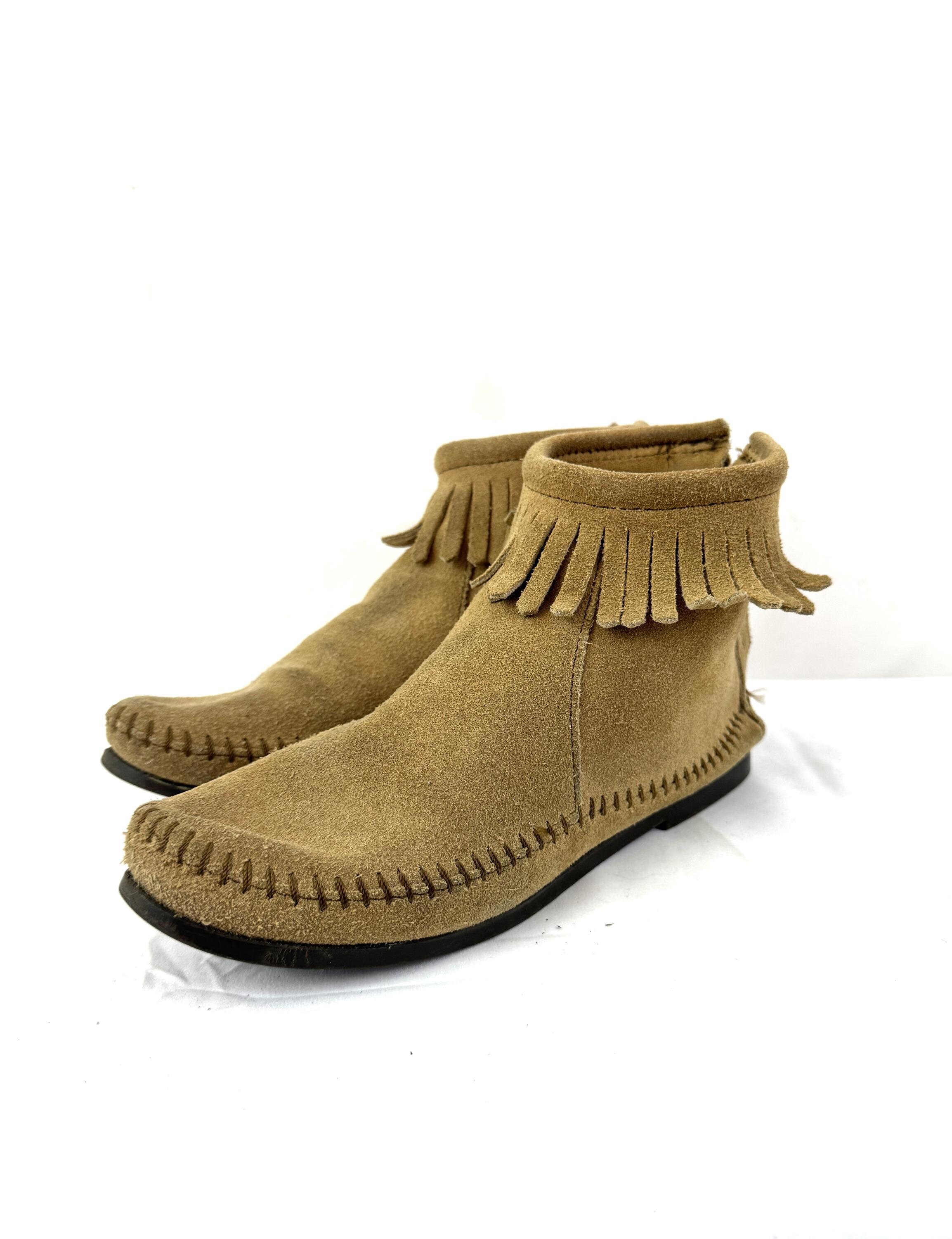 Minnetonka Suede Moccasins with Fringe and Button Detail Minnetonka Classic Fringe Soft Suede Leather Brown Boots  main image 4