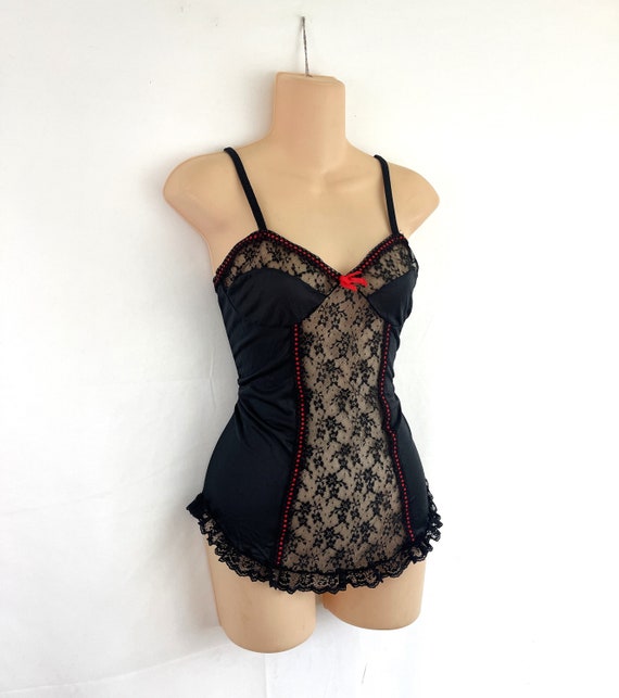 Vintage 1980s 80s Black Red Trim Nightie Slip Lin… - image 3