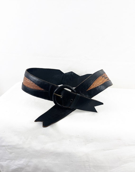 Vintage Leather Wide Woven Straw Belt