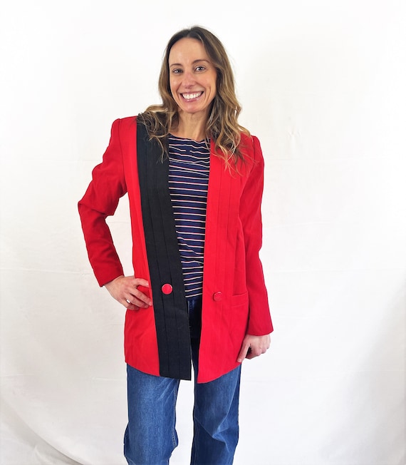 Vintage 80s 1980s Red Black FUN Jacket Blazer Coat