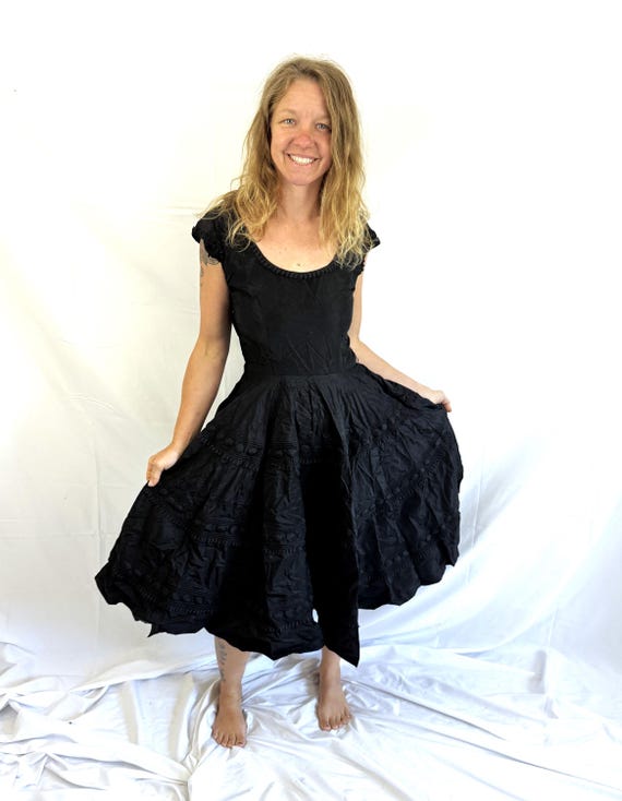 black 50s cocktail dress Unique Vintage Plus Size 1950s Black Devon Swing Dress 1X/16W-18W main image 1