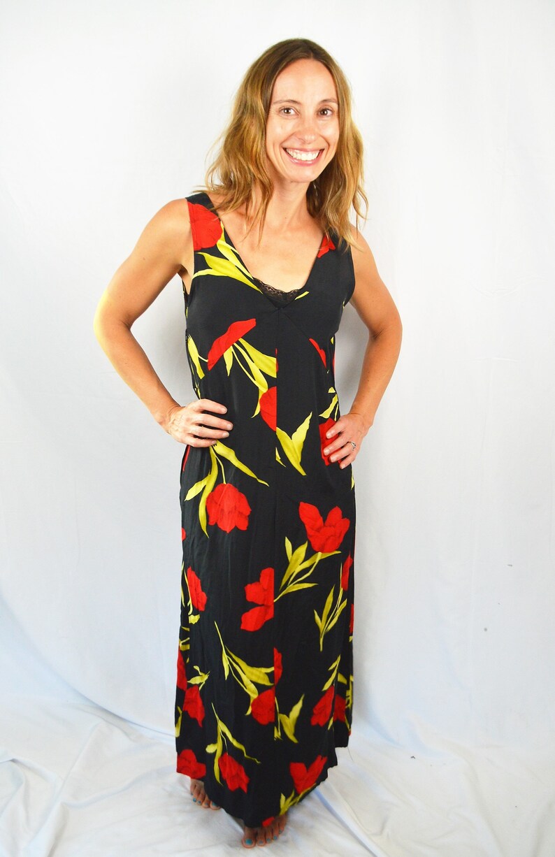 Vintage 90s XOXO Maxi Rose Fitted 1990s Rayon Dress