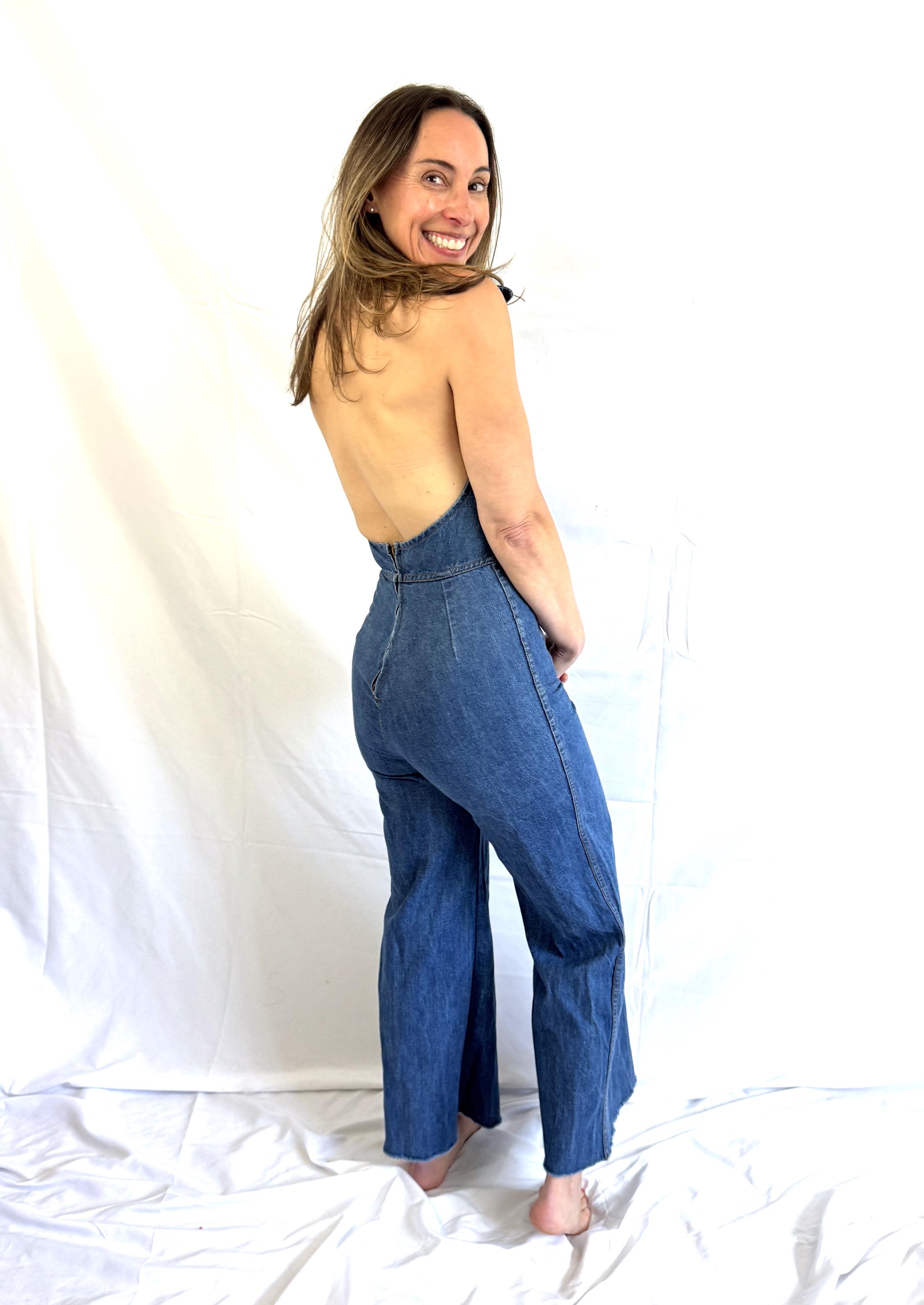 Vintage 1970s 70s Denim Halter Onesie One Piece Jumpsuit