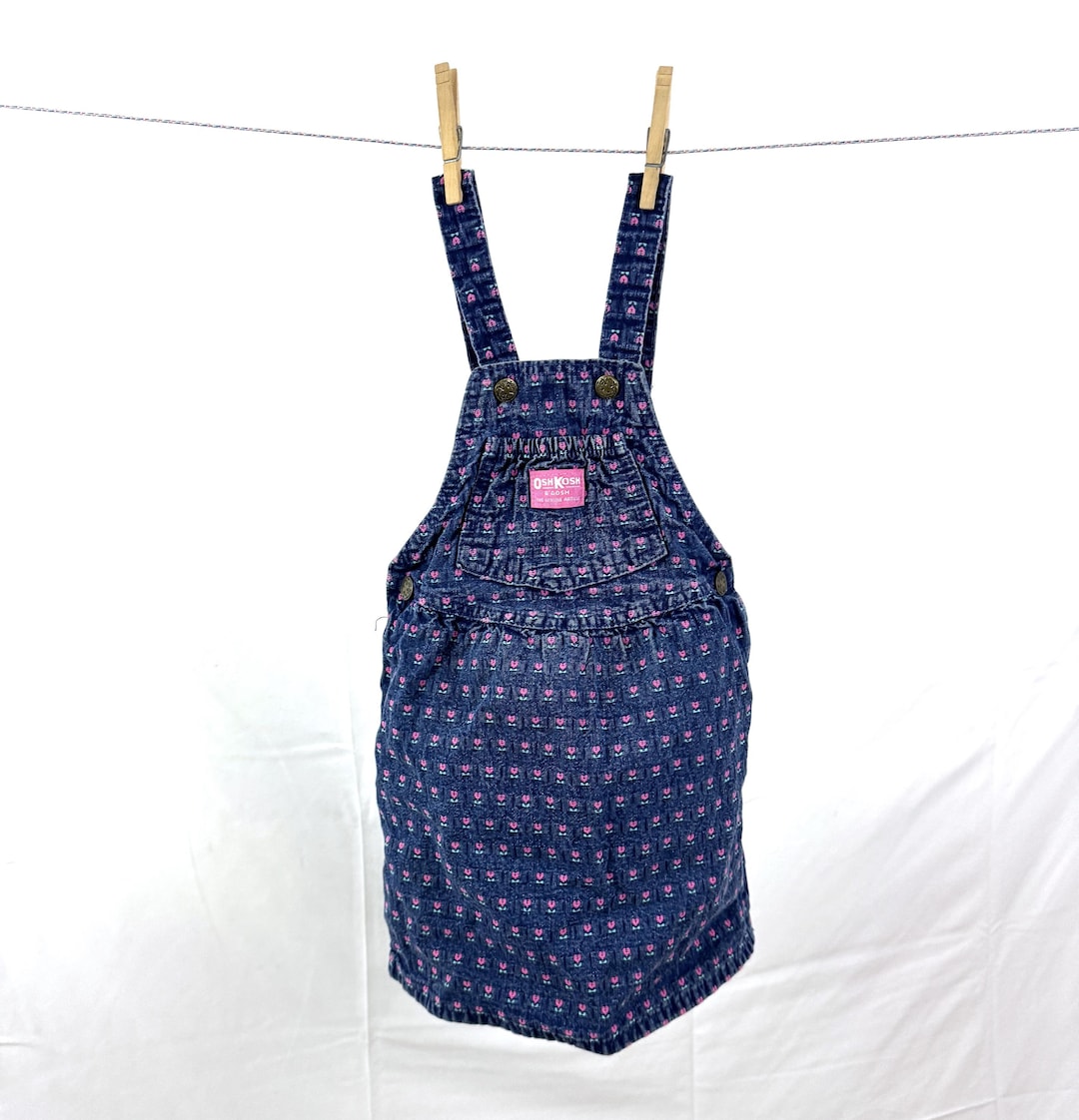 Vintage Oshkosh B'gosh Denim Overalls Skirt: Pink Flower Print