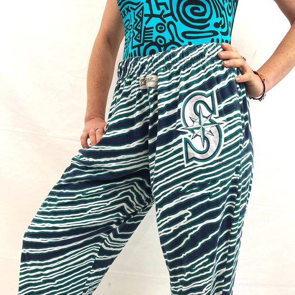 Vintage Y2K Seattle Mariners Blue Green Striped Hammer Time Harem Baggy Pants - By Zubaz