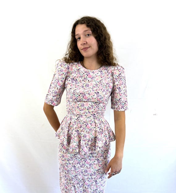 Vintage 80s 1980s Cotton Floral Peplum Ruffle Dress - 3833