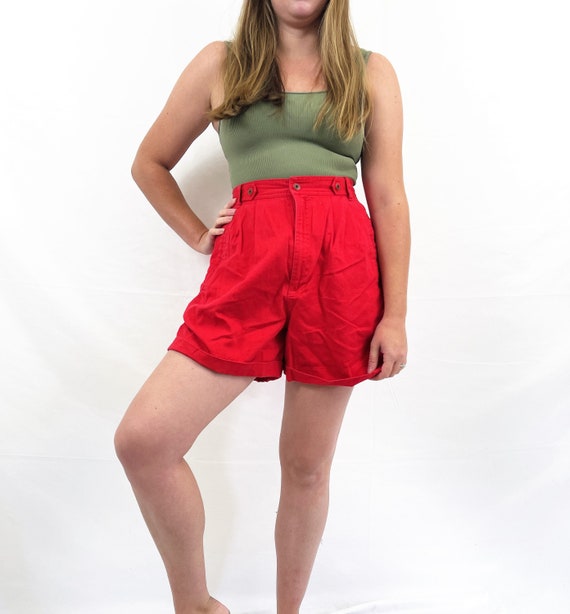 Vintage 1990s 90s Red Cotton Pleated High Waisted… - image 2