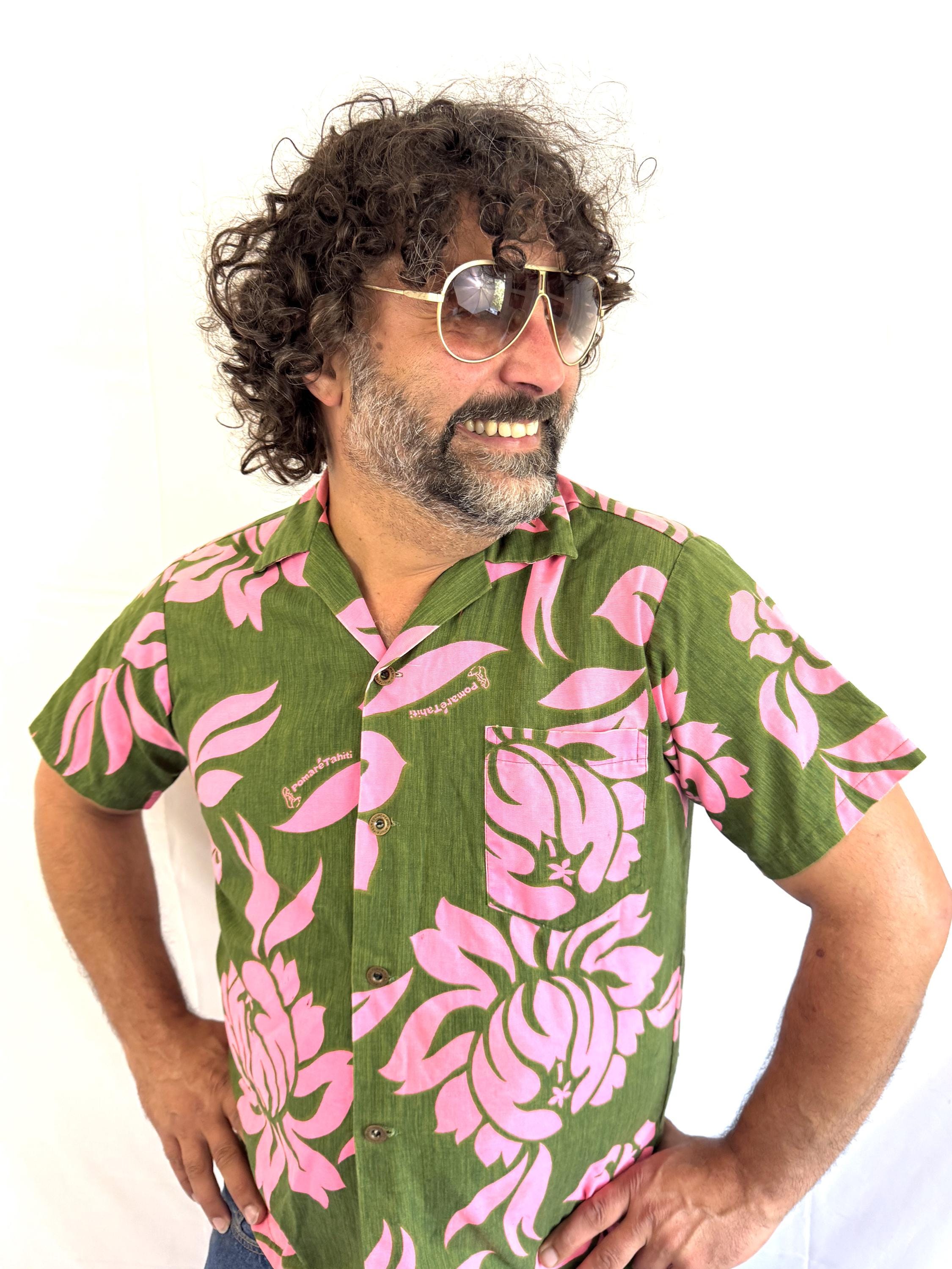 Vintage 1960s 60s Cotton Floral Green Pink Hawaiian Shirt - Pomare