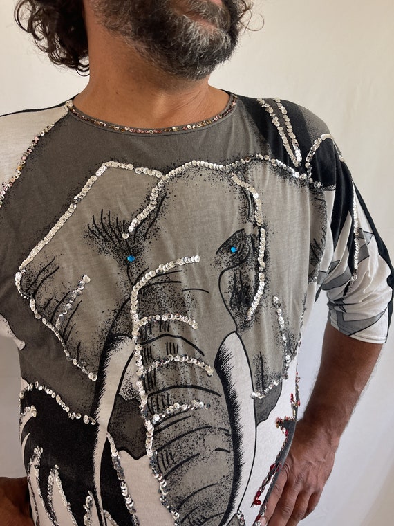 Vintage 80s 1980s Fun Sequin Elephant Top Shirt -… - image 3