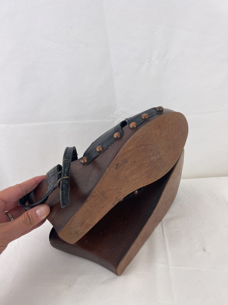 WOW Vintage Super RARE 1970s 70s Wooden Heel Chunky Leather Sandal Wedge Wood Shoes Huge Slingbacks Heels Pumps Sandals image 5