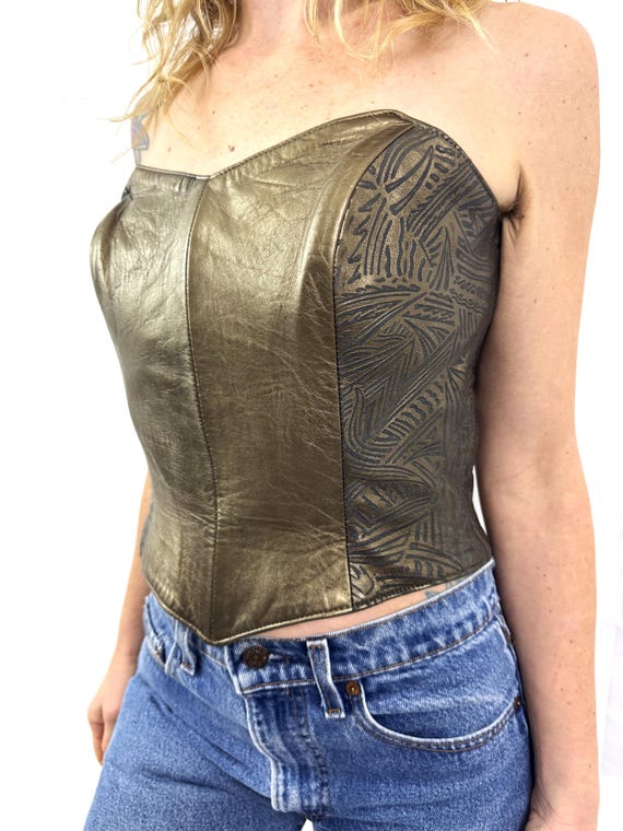 AMAZING Rare Leather Vintage 1990s 90s Strapless Metallic