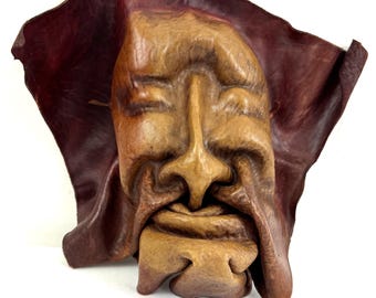 Vintage Leather Handmade Man's Face Sculpted Wall Hanging