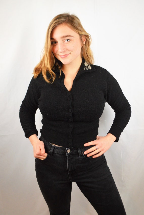 Vintage 1940s 40s RARE Black Beaded Collar Sweater